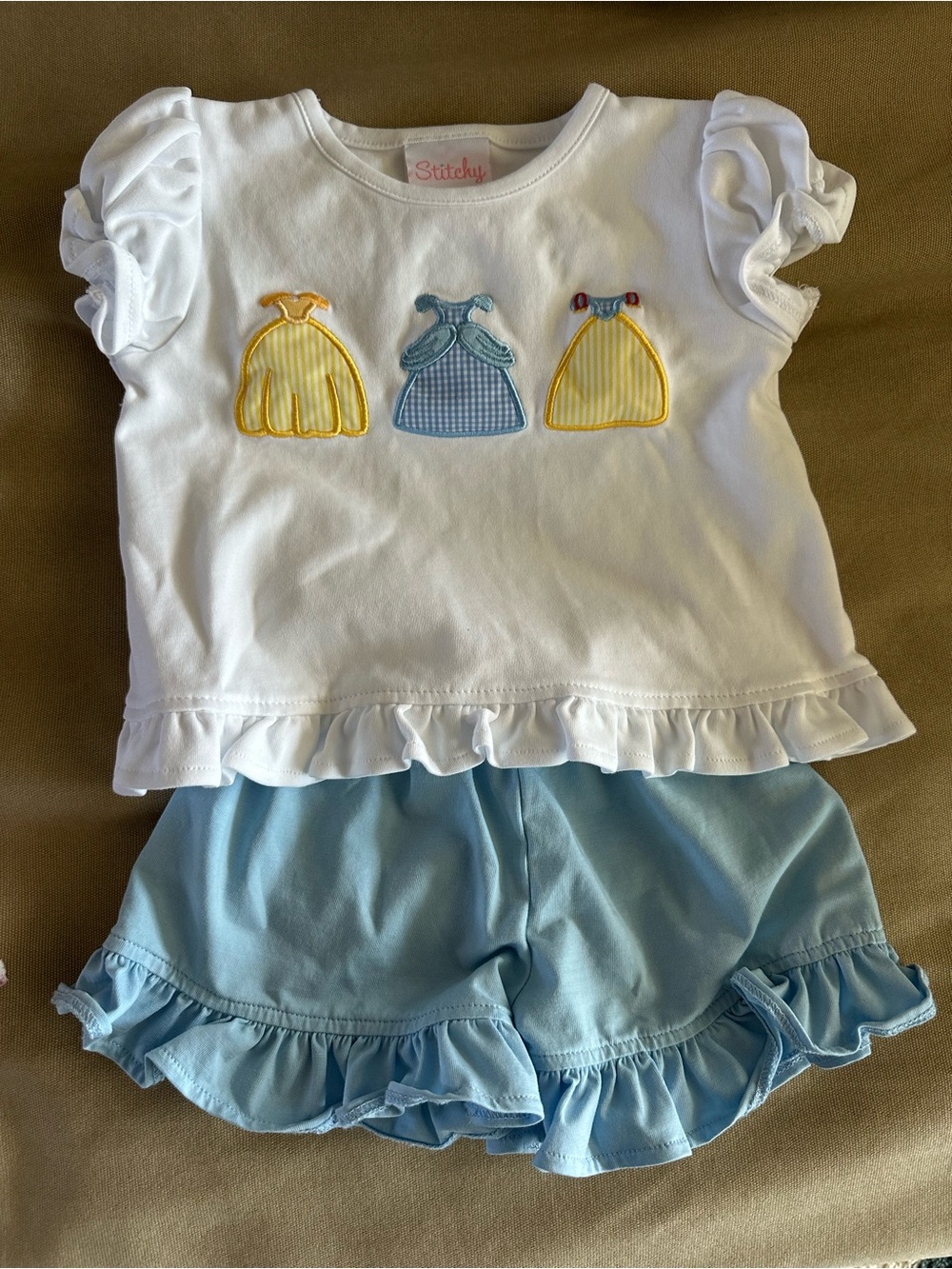 Stitchy Girls' White Top & Blue Ruffle Shorts Matching Set